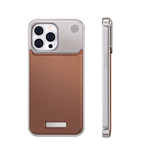 Coque antichoc pour iPhone en alliage d'aluminium et cuir sans cadre avec fonction d'aromathérapie, gris et marron 