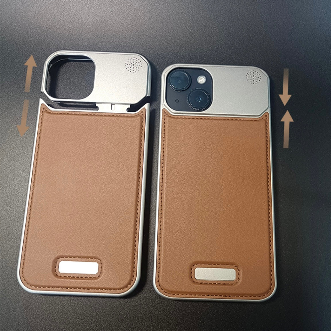 Coque antichoc pour iPhone en alliage d'aluminium et cuir sans cadre avec fonction d'aromathérapie, gris et marron 