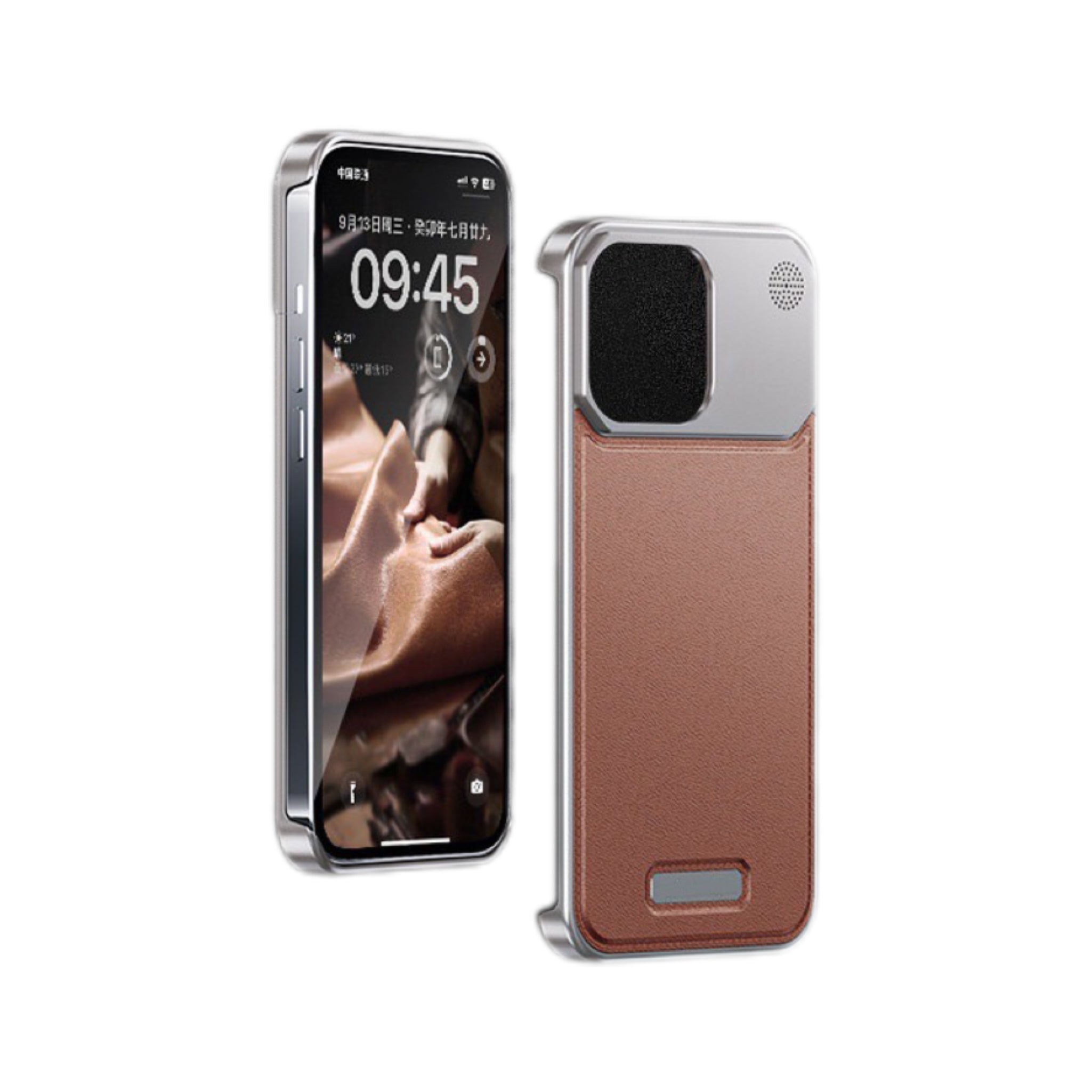 Coque antichoc pour iPhone en alliage d'aluminium et cuir sans cadre avec fonction d'aromathérapie, gris et marron 